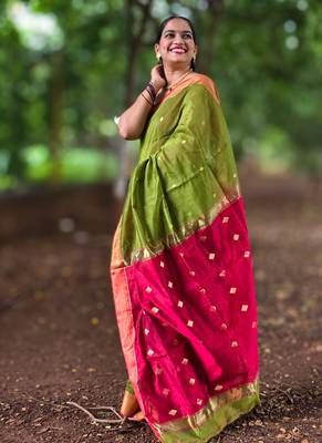 Green maheswari cotton saree with unstitched blouse piece 4