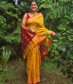 Golden maheswari cotton saree with unstitched blouse piece