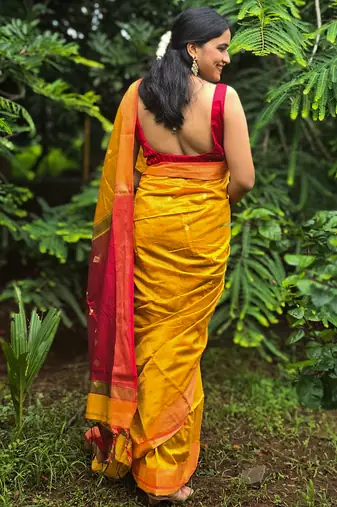 Golden maheswari cotton saree with unstitched blouse piece