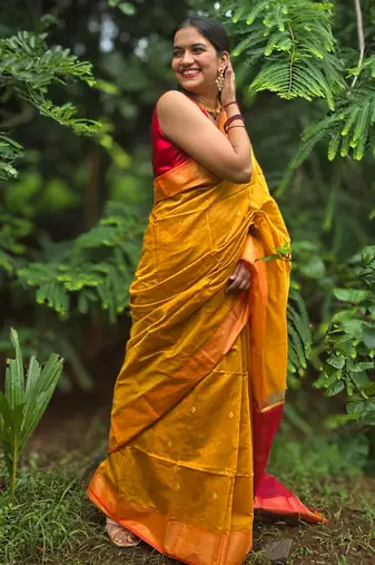 Golden maheswari cotton saree with unstitched blouse piece
