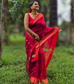 Red maheswari cotton saree with unstitched blouse piece