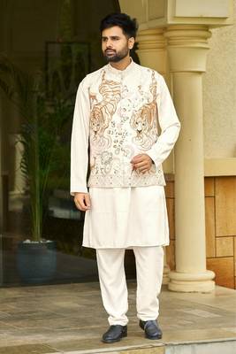 Off white cream malai satin kurta with embroidery work nehru jacket 1