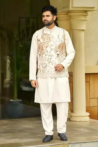 Off white cream malai satin kurta with embroidery work nehru jacket