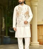 Off white cream malai satin kurta with embroidery work nehru jacket