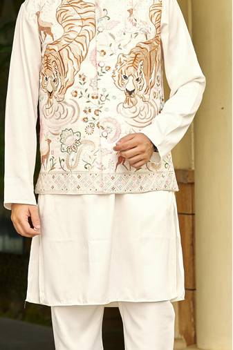 Off white cream malai satin kurta with embroidery work nehru jacket