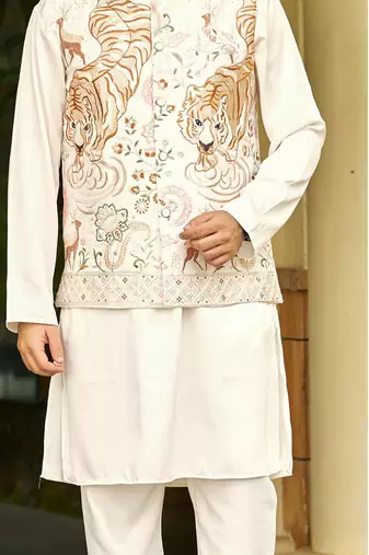 Off white cream malai satin kurta with embroidery work nehru jacket