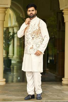 Off white cream malai satin kurta with embroidery work nehru jacket 2