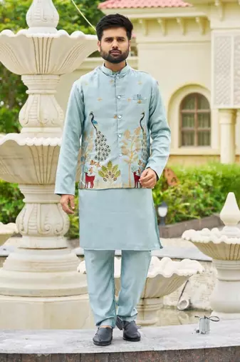 Sky blue malai satin kurta with embroidery work nehru jacket
