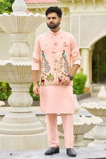 Peach pink malai satin kurta with embroidery work nehru jacket