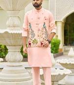Peach pink malai satin kurta with embroidery work nehru jacket