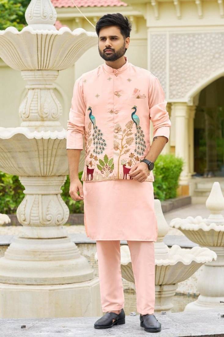 Peach pink malai satin kurta with embroidery work nehru jacket