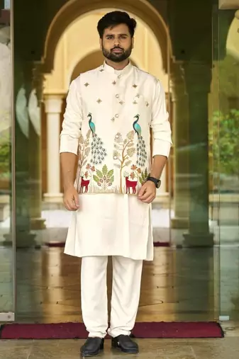 Off white malai satin kurta with intricate embroidery work nehru jacket