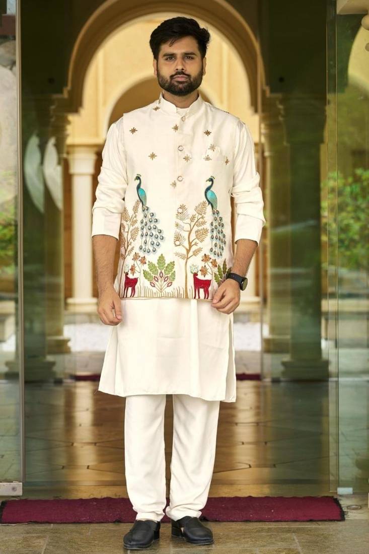 Off white malai satin kurta with intricate embroidery work nehru jacket