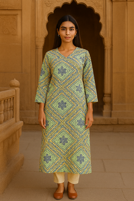 Blue bandhani hand block print kurta 1