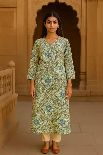 Blue bandhani hand block print kurta