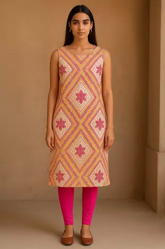 Pink bandhani hand block print kurta