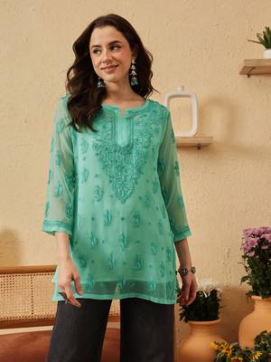 Hand embroidered sea green georgette lucknowi chikankari kurti with slip 1