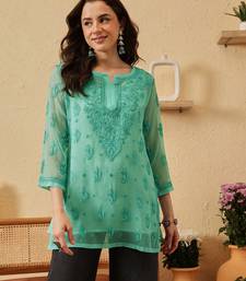 Hand embroidered sea green georgette lucknowi chikankari kurti with slip