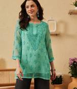 Hand embroidered sea green georgette lucknowi chikankari kurti with slip