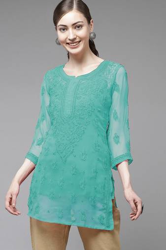 Hand embroidered sea green georgette lucknowi chikankari kurti with slip