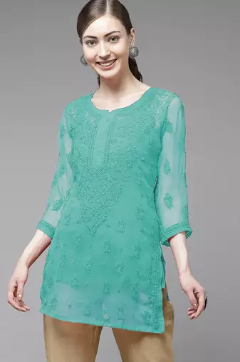 Hand embroidered sea green georgette lucknowi chikankari kurti with slip