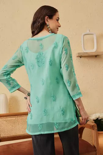 Hand embroidered sea green georgette lucknowi chikankari kurti with slip