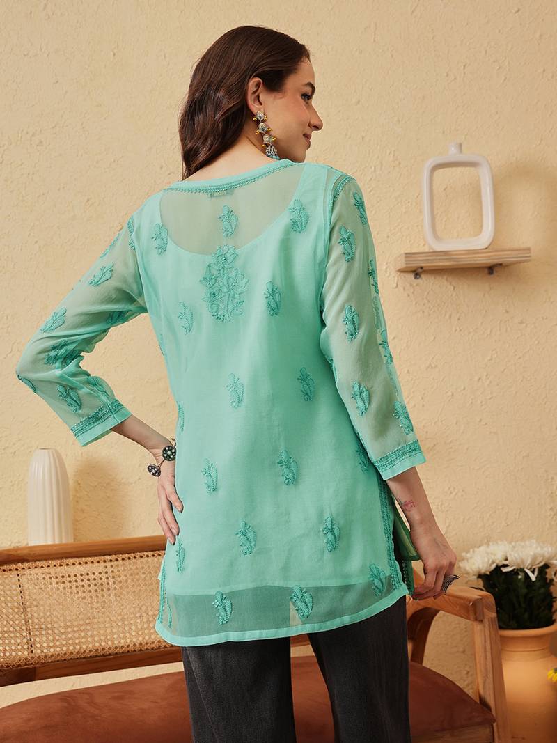 Hand embroidered sea green georgette lucknowi chikankari kurti with slip