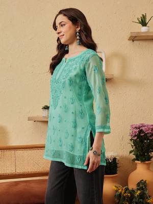 Hand embroidered sea green georgette lucknowi chikankari kurti with slip 3