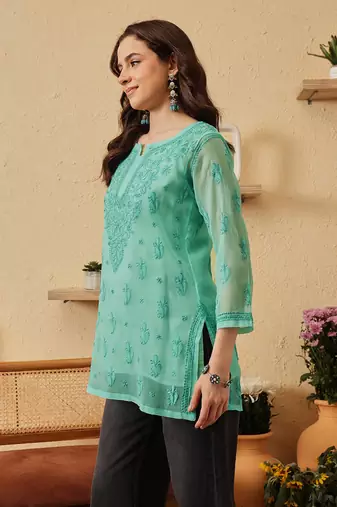 Hand embroidered sea green georgette lucknowi chikankari kurti with slip