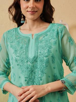 Hand embroidered sea green georgette lucknowi chikankari kurti with slip 4