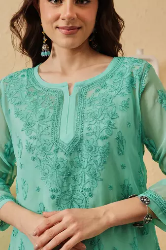 Hand embroidered sea green georgette lucknowi chikankari kurti with slip