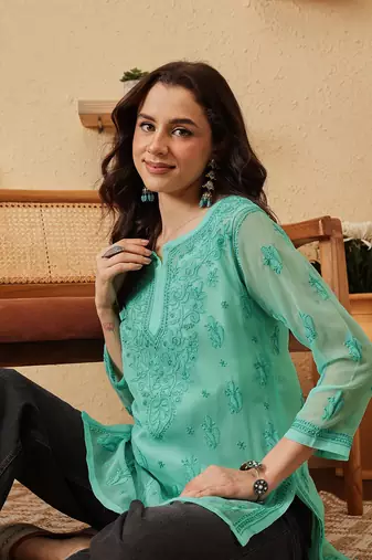 Hand embroidered sea green georgette lucknowi chikankari kurti with slip