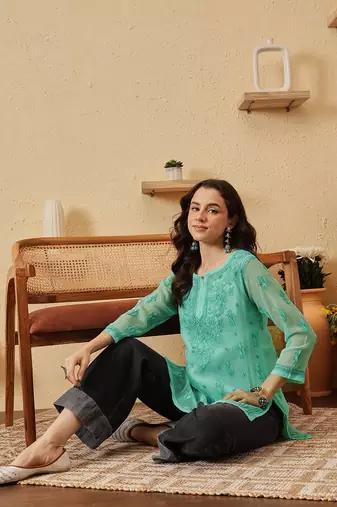Hand embroidered sea green georgette lucknowi chikankari kurti with slip