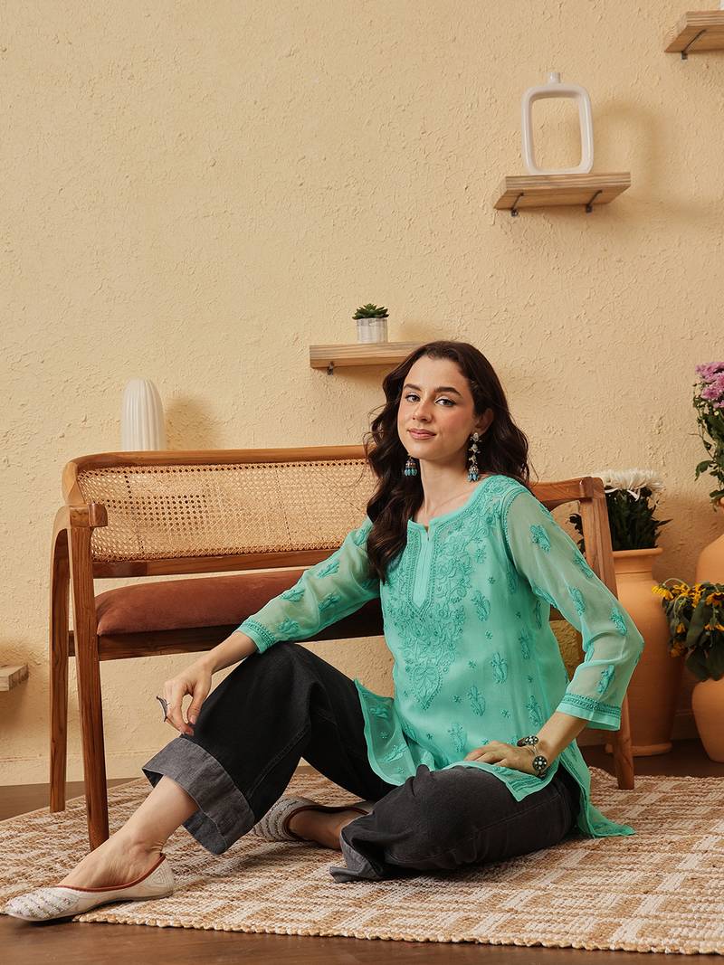 Hand embroidered sea green georgette lucknowi chikankari kurti with slip