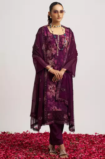 Wineorganza block print straight salwar suit