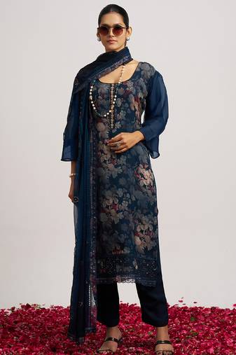 Navy blueorganza block print straight salwar suit