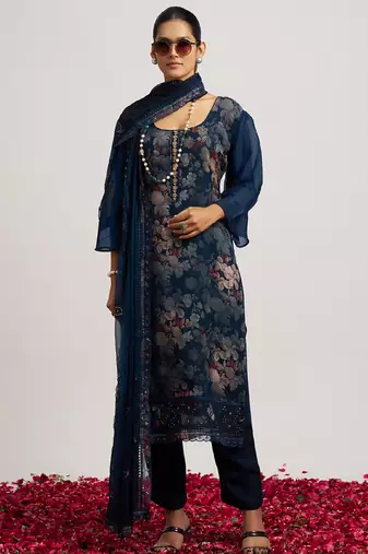 Navy blueorganza block print straight salwar suit