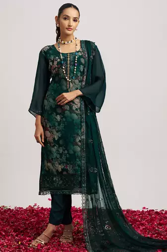 Greenorganza block print straight salwar suit