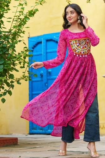 Bandhej print work with kutchi patch-work in faux georgette