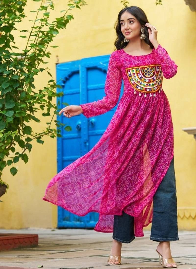 Bandhej print work with kutchi patch-work in faux georgette