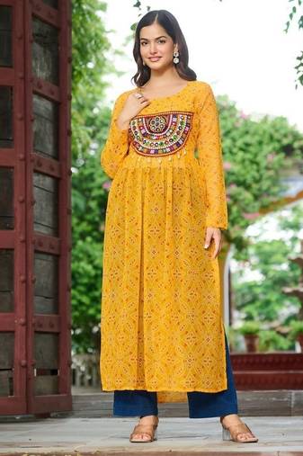 Bandhej print work with kutchi patch-work in faux georgette