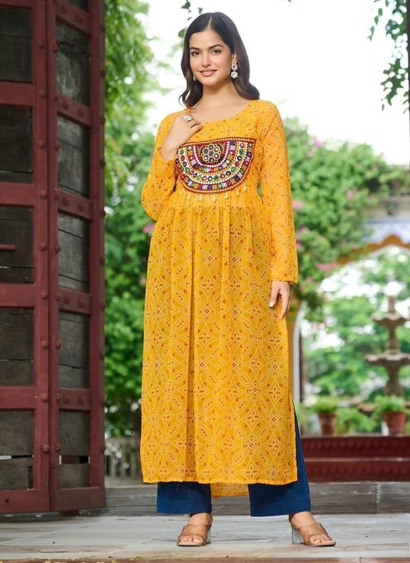 Bandhej print work with kutchi patch-work in faux georgette