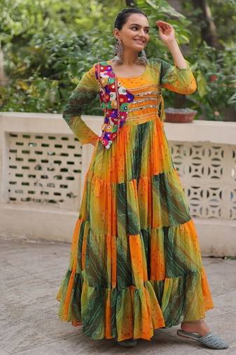 Laheriya & bandhej print with kutchi patche work in faux georgette.