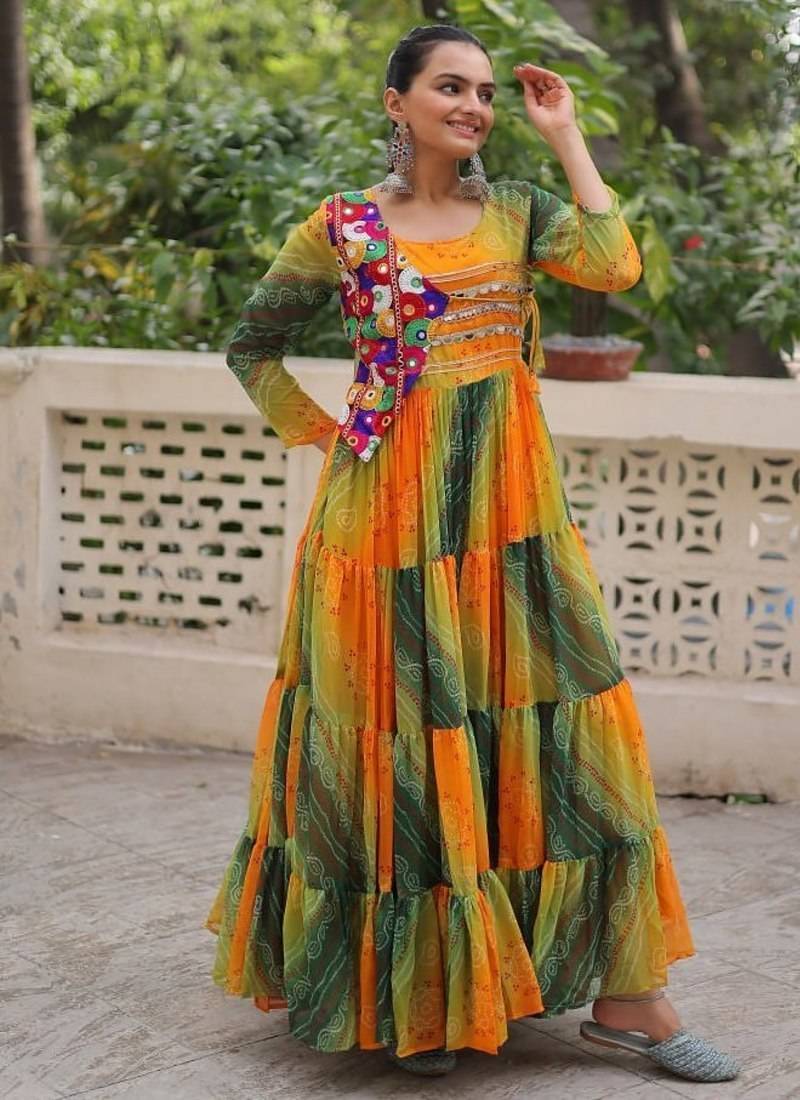 Laheriya & bandhej print with kutchi patche work in faux georgette.