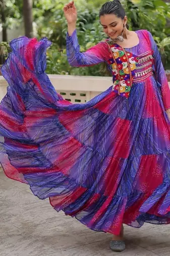 Laheriya & bandhej print with kutchi patche work in faux georgette.