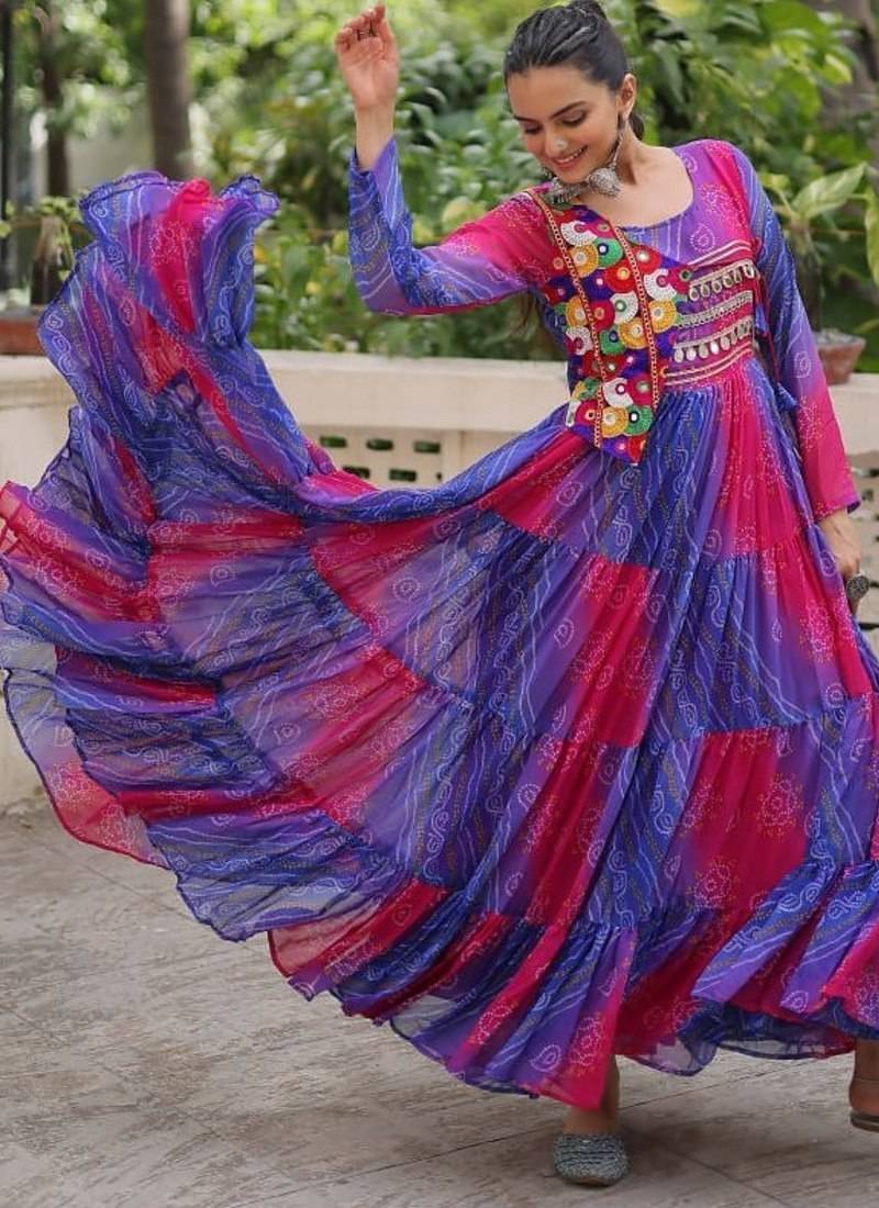Laheriya & bandhej print with kutchi patche work in faux georgette.