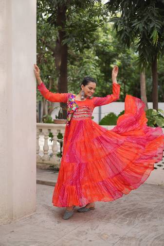 Laheriya & bandhej print with kutchi patche work in faux georgette.