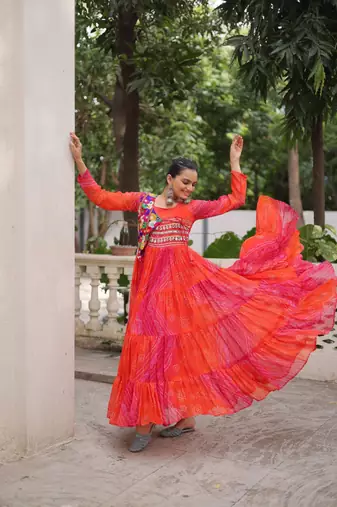 Laheriya & bandhej print with kutchi patche work in faux georgette.