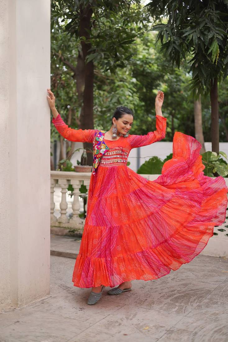 Laheriya & bandhej print with kutchi patche work in faux georgette.