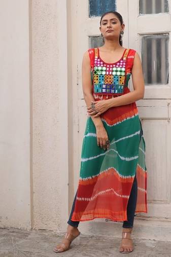 Bandhej printed georgette with kutchi gamthi mirror & codi lace work